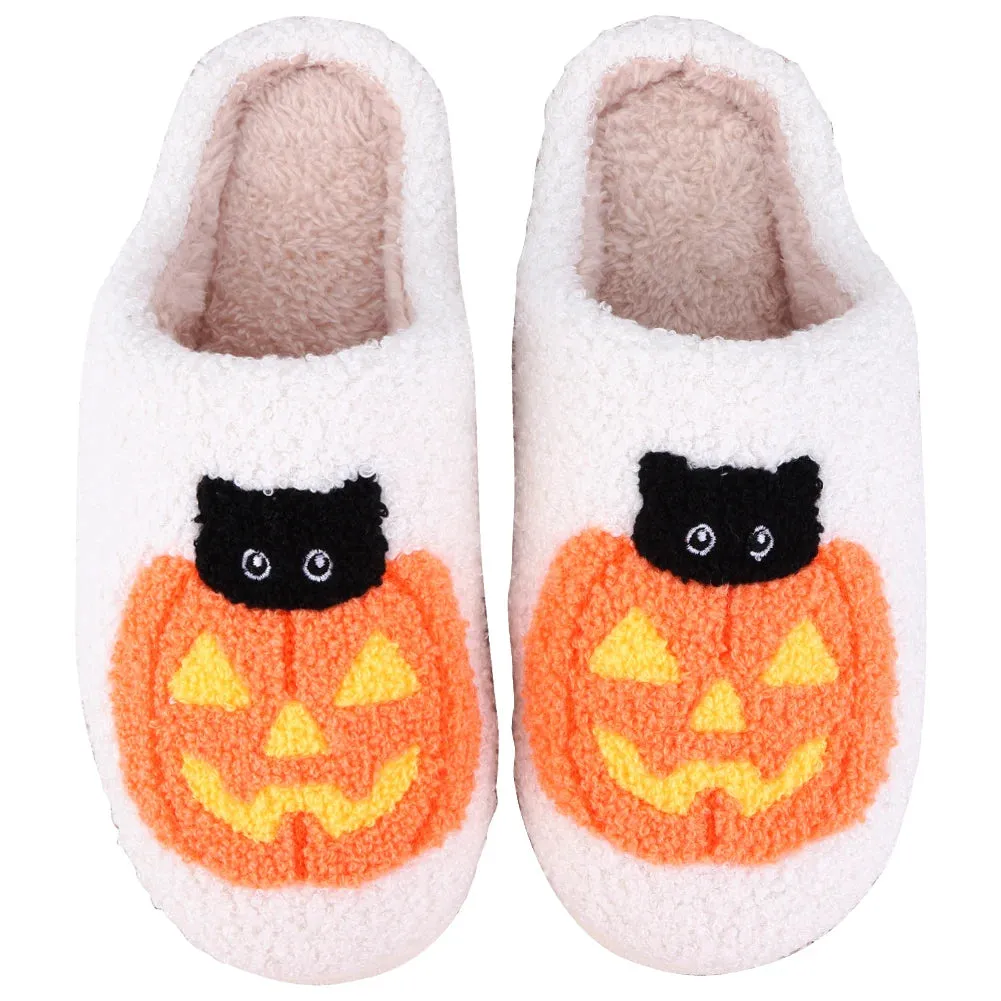 2024 Funny Halloween Pumpkin Cat Cotton Fluffy Slippers – Plush Platform Slides for Couples, Indoor/Outdoor Bedroom Shoes for Women