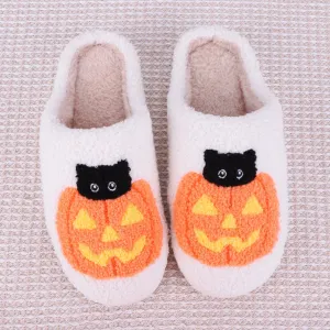 2024 Funny Halloween Pumpkin Cat Cotton Fluffy Slippers – Plush Platform Slides for Couples, Indoor/Outdoor Bedroom Shoes for Women