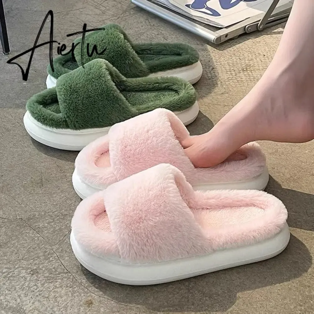 Aiertu Women Winter Home Faux Fur Slipper Warm Thick House Platform Shoes Men Ladies Indoor Bedroom Fluffy Footwear Chaussure Femme