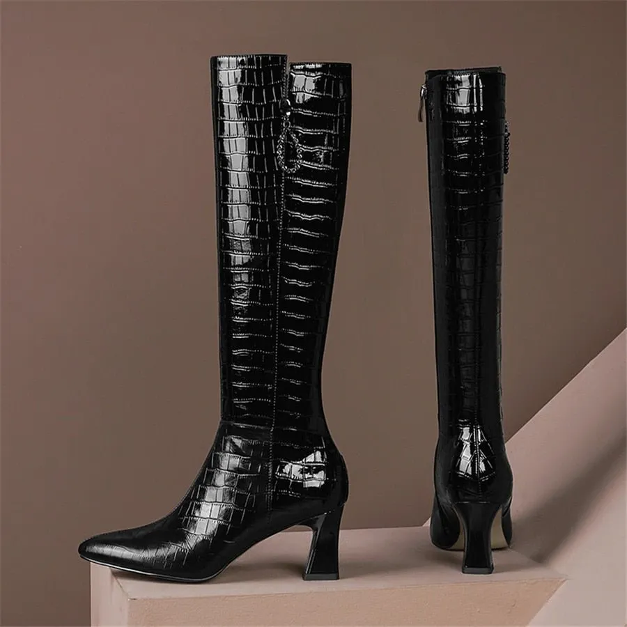 AlliCharm Leather Alligator Textured Knee High Boots