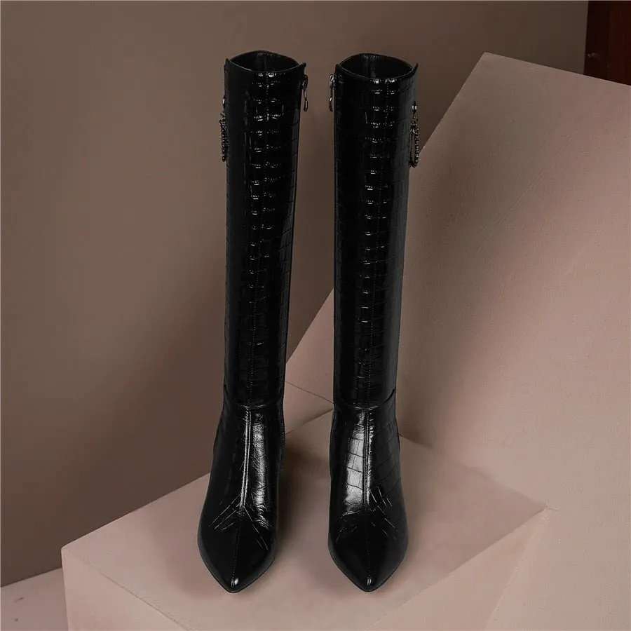 AlliCharm Leather Alligator Textured Knee High Boots