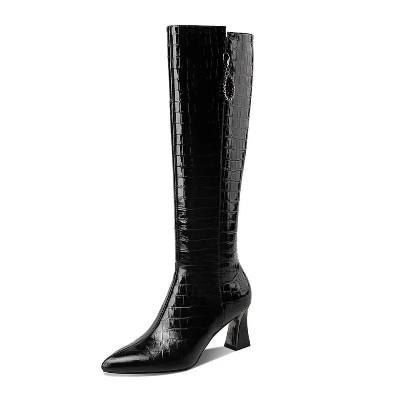 AlliCharm Leather Alligator Textured Knee High Boots