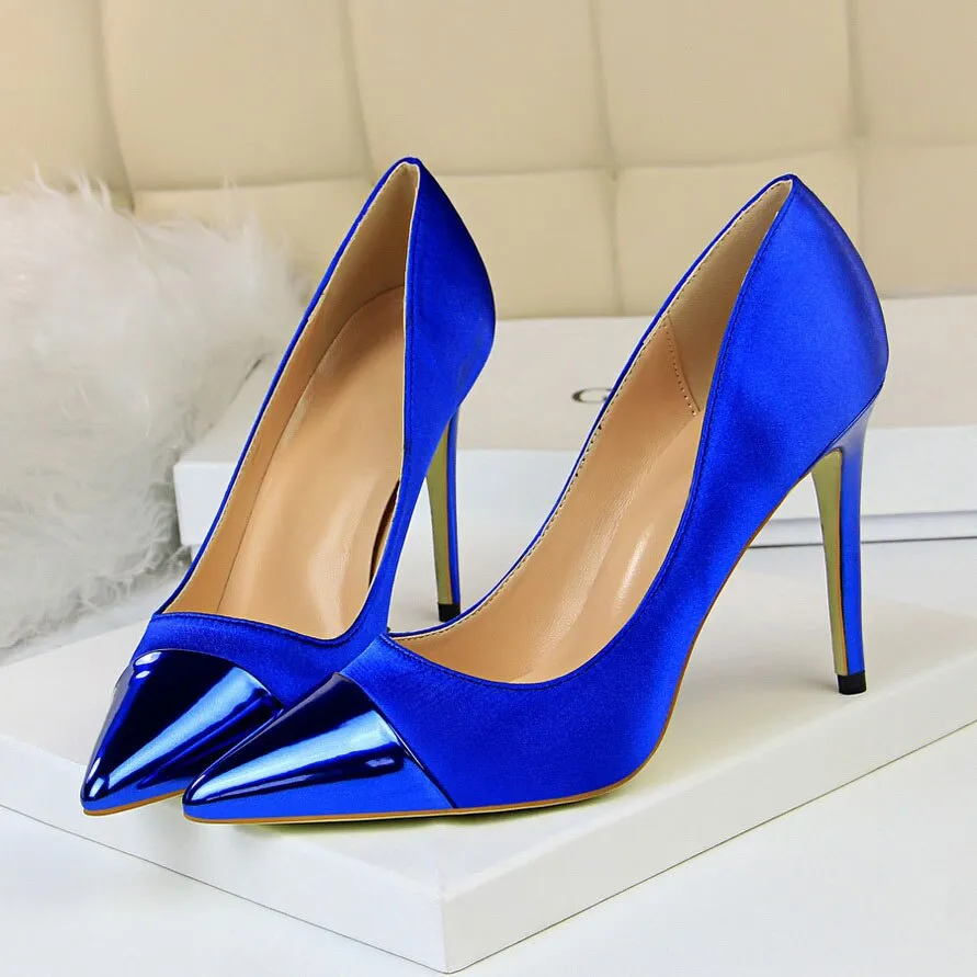 Amozae-   Luxury Women 10cm High Heels Valentine Royal Blue Green Pumps Female Satin Stiletto Cap Toe Heels Tacones Fetish Silk Shoes