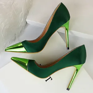 Amozae-   Luxury Women 10cm High Heels Valentine Royal Blue Green Pumps Female Satin Stiletto Cap Toe Heels Tacones Fetish Silk Shoes