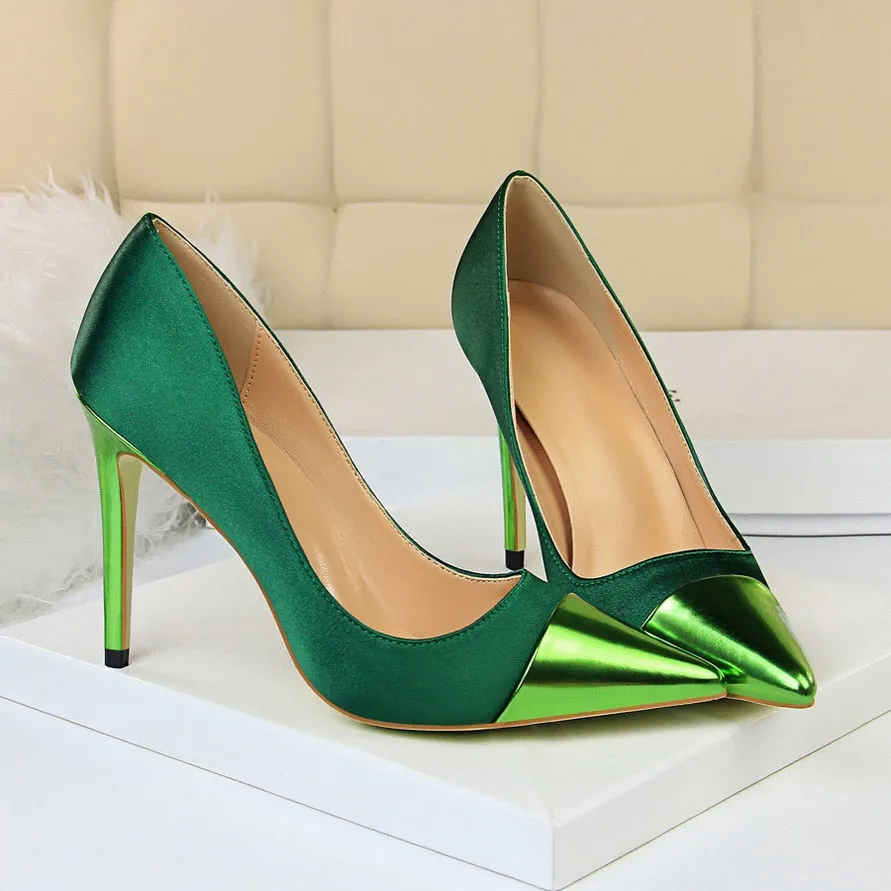 Amozae-   Luxury Women 10cm High Heels Valentine Royal Blue Green Pumps Female Satin Stiletto Cap Toe Heels Tacones Fetish Silk Shoes