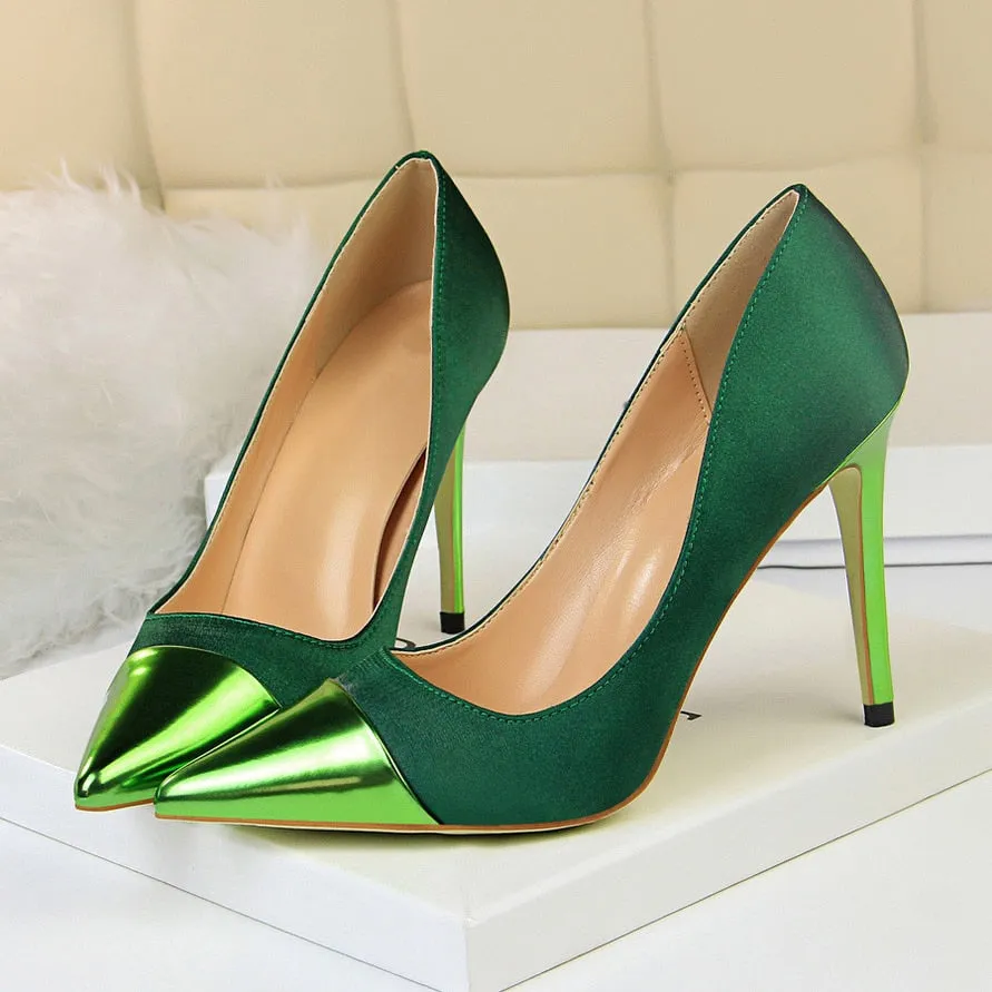 Amozae-   Luxury Women 10cm High Heels Valentine Royal Blue Green Pumps Female Satin Stiletto Cap Toe Heels Tacones Fetish Silk Shoes