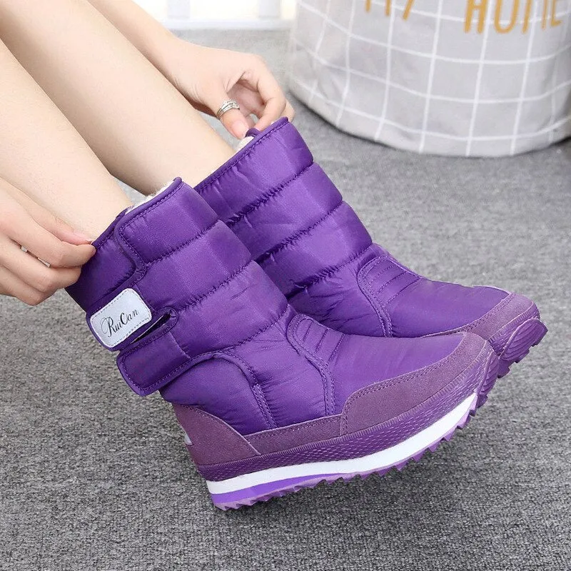 Amozae-Snow boots women shoes 2024 hook & loop mid-calf women winter boots round toe solid warm plush shoes woman zapatos de mujer