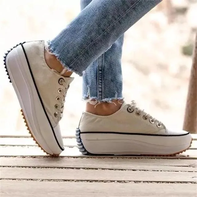 Amozae Women's Solid Color Canvas Lace-up High-heeled Thick-soled Breathable Non-slip Comfortable Fashion Casual Sneakers-0404