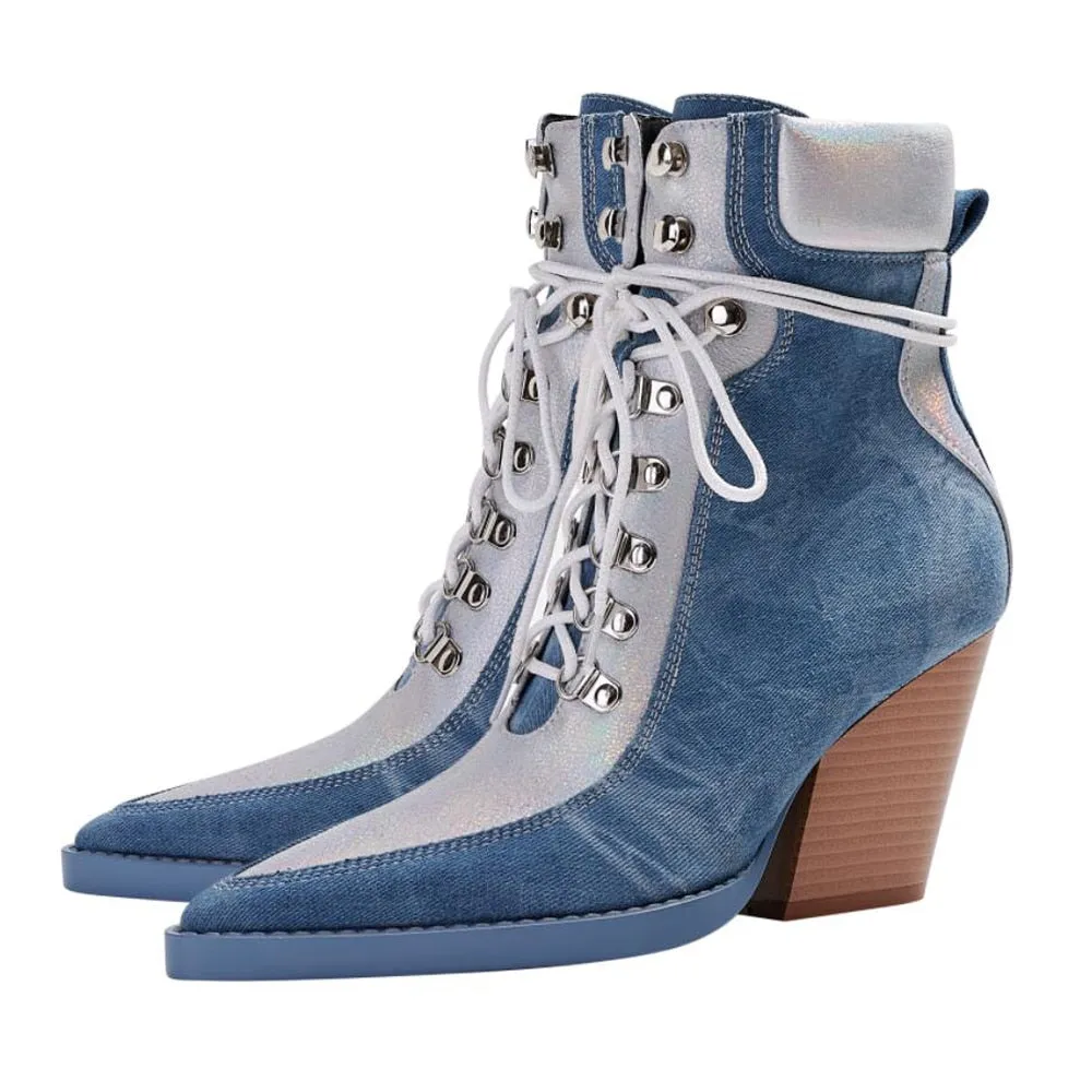 Autumn Fashion Denim Lace Up Chelsea Boots Pointed Toe Thick High Heels Platform Riveted Mixed Color Women's Shoes Big Size