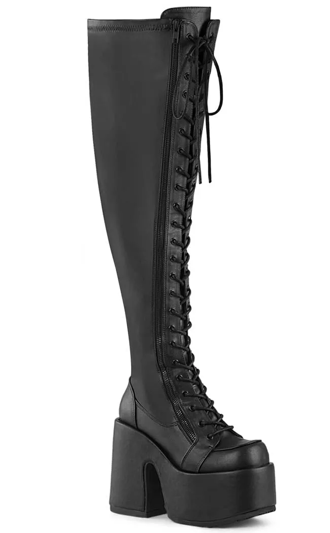 CAMEL-300WC Black Matte Vegan Thigh High Boots | Wide Calf (Au Stock)