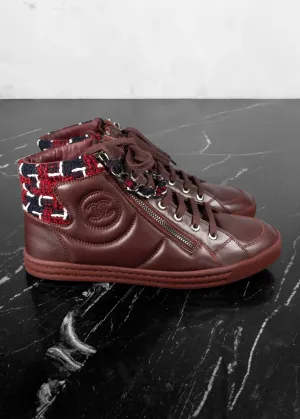 Chanel Burgundy Leather and Tweed CC High Top Sneakers