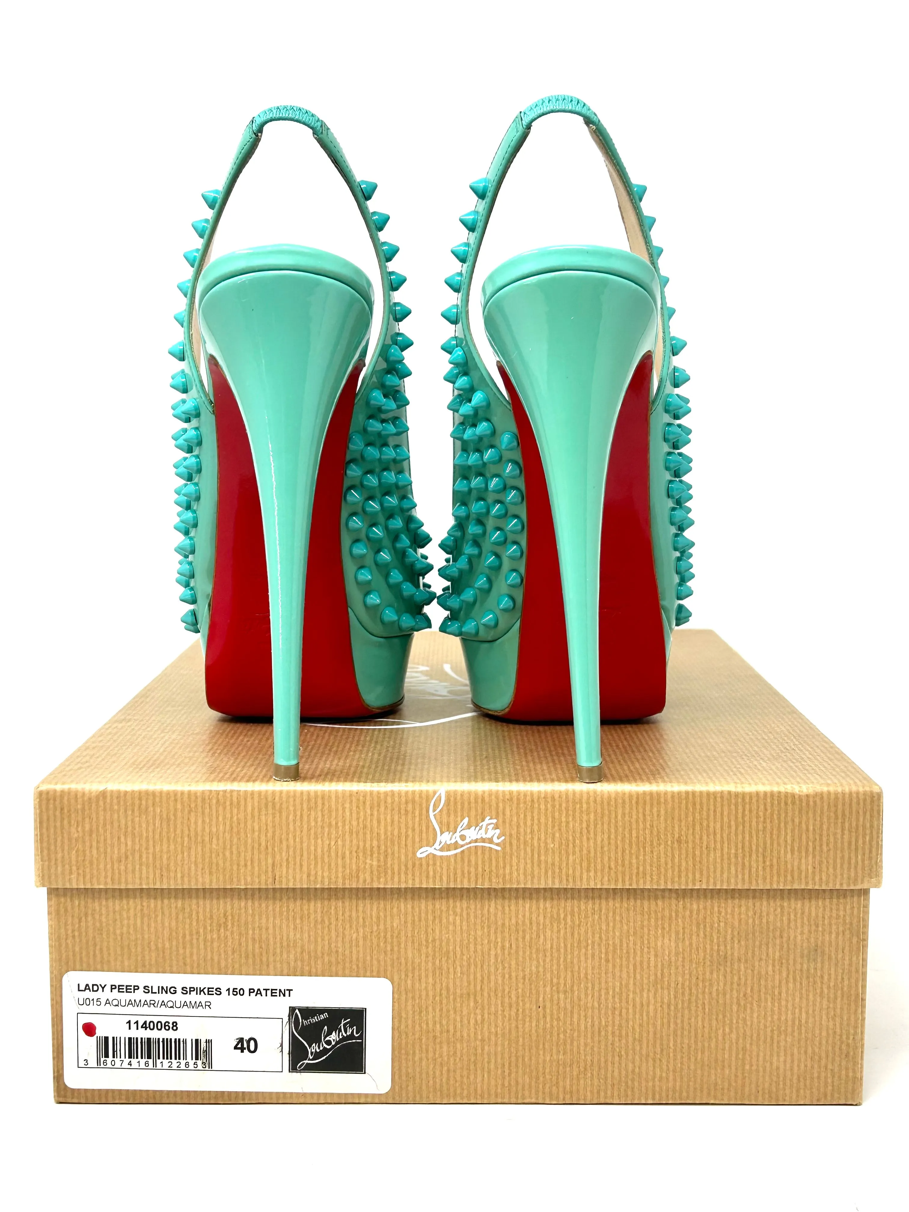 Christian Louboutin Lady Peep Sling Spikes 150 Aquamarine Patent Heels 40 UK 7