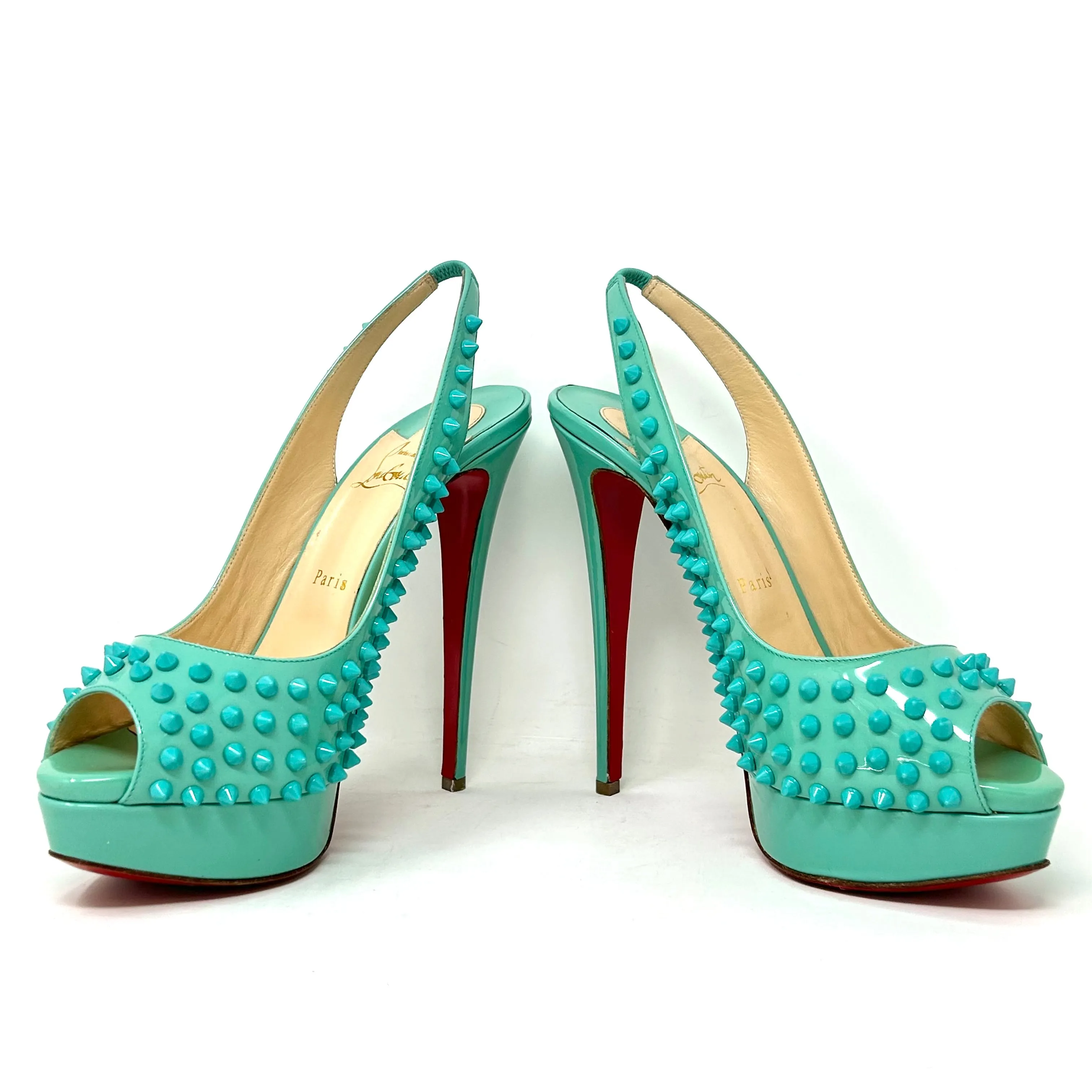 Christian Louboutin Lady Peep Sling Spikes 150 Aquamarine Patent Heels 40 UK 7