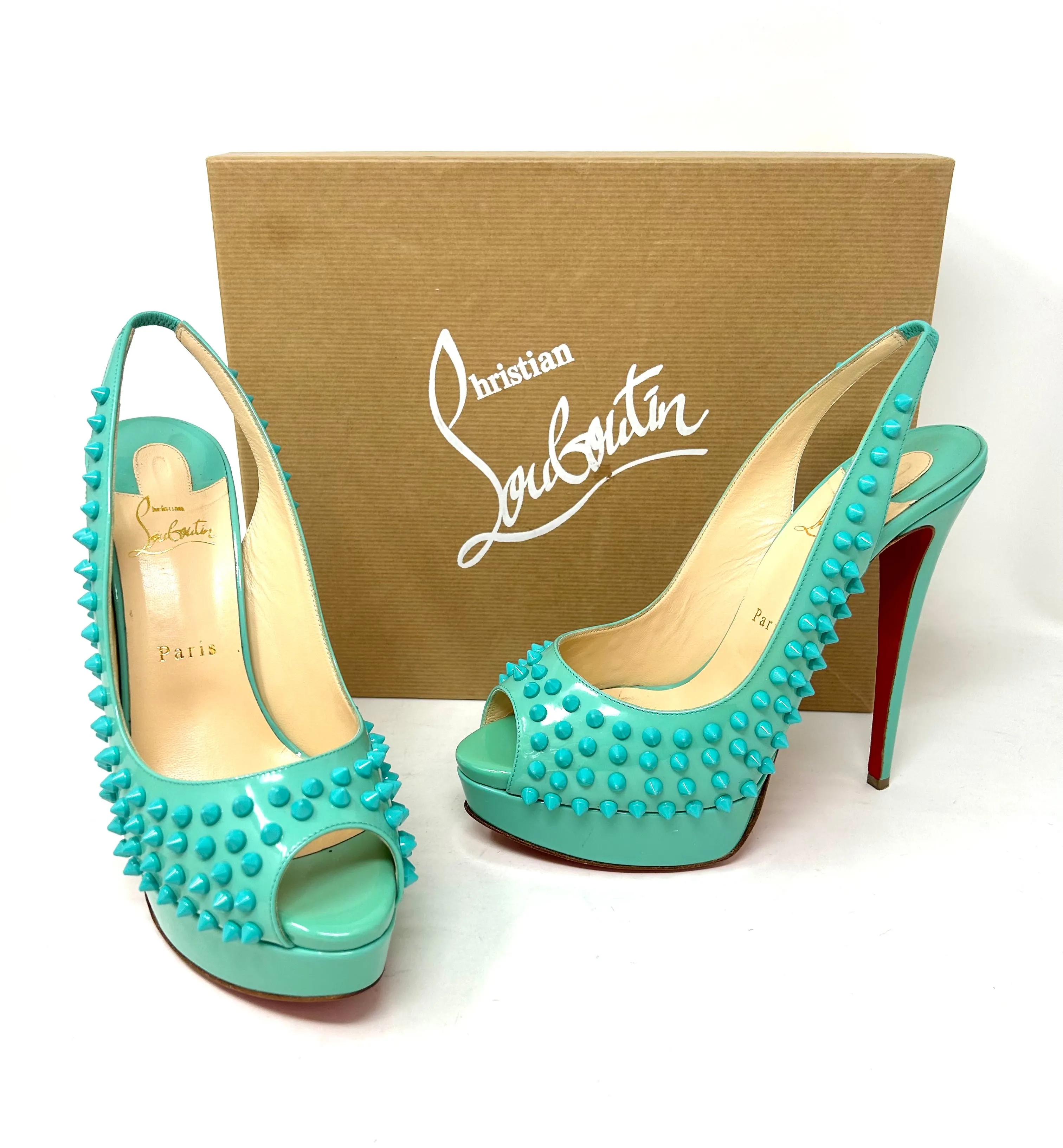 Christian Louboutin Lady Peep Sling Spikes 150 Aquamarine Patent Heels 40 UK 7