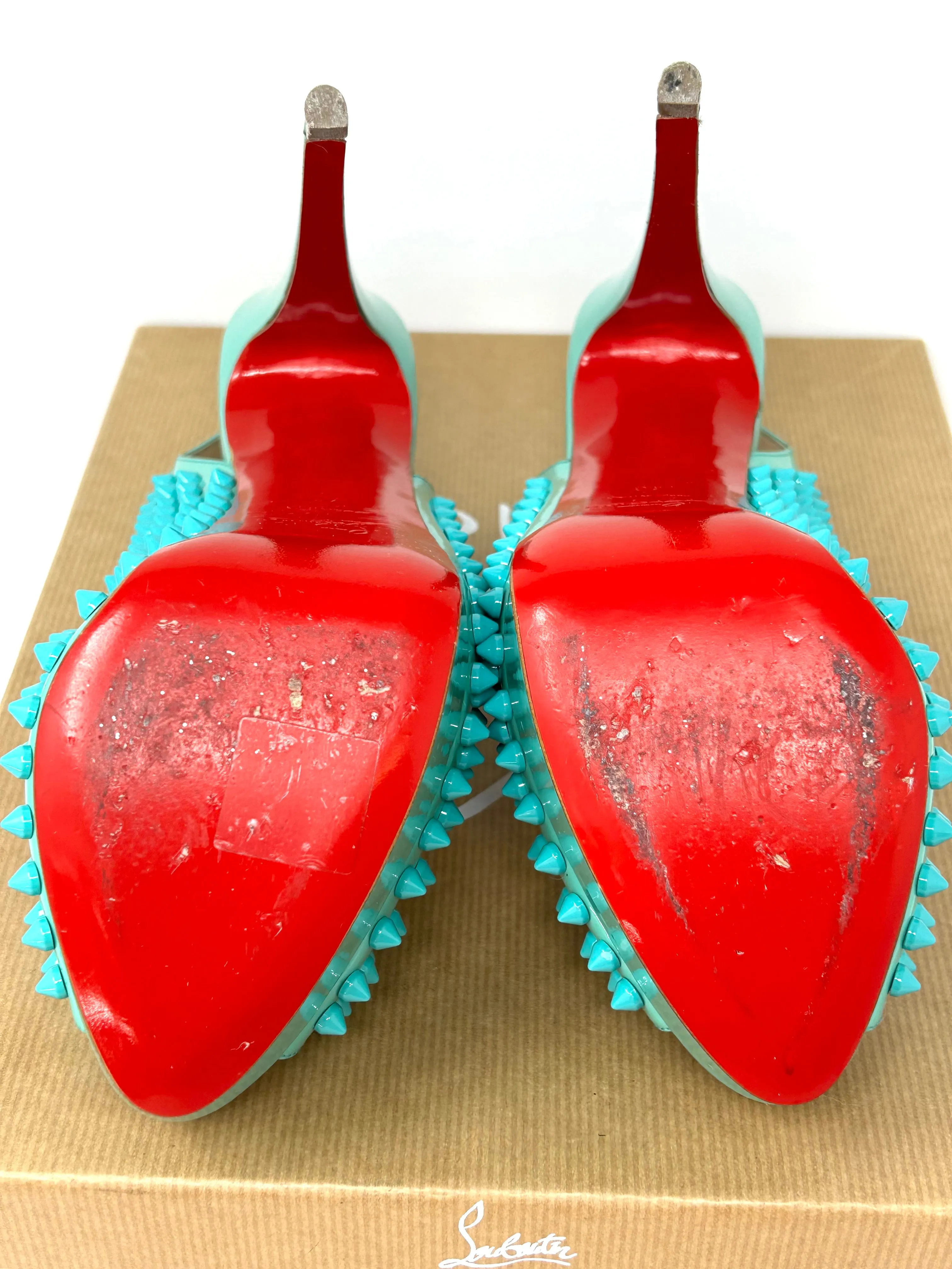 Christian Louboutin Lady Peep Sling Spikes 150 Aquamarine Patent Heels 40 UK 7