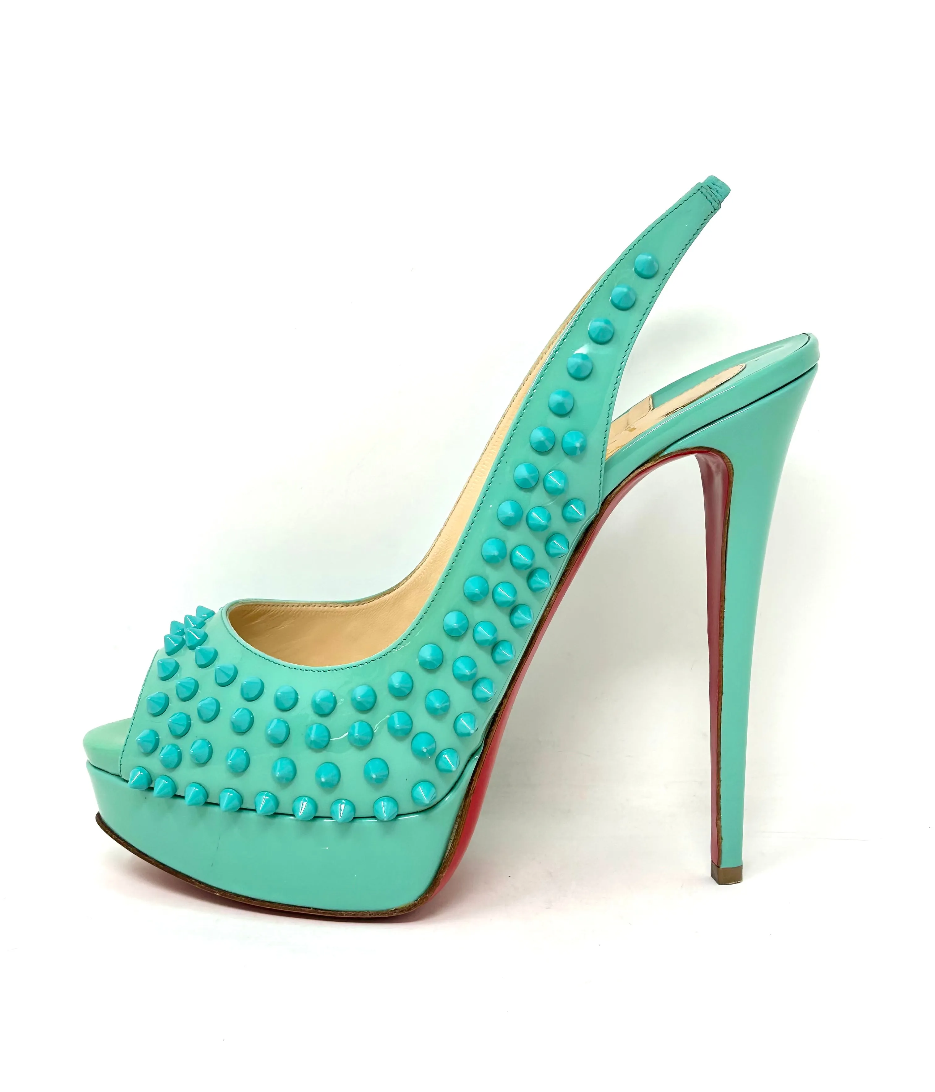 Christian Louboutin Lady Peep Sling Spikes 150 Aquamarine Patent Heels 40 UK 7