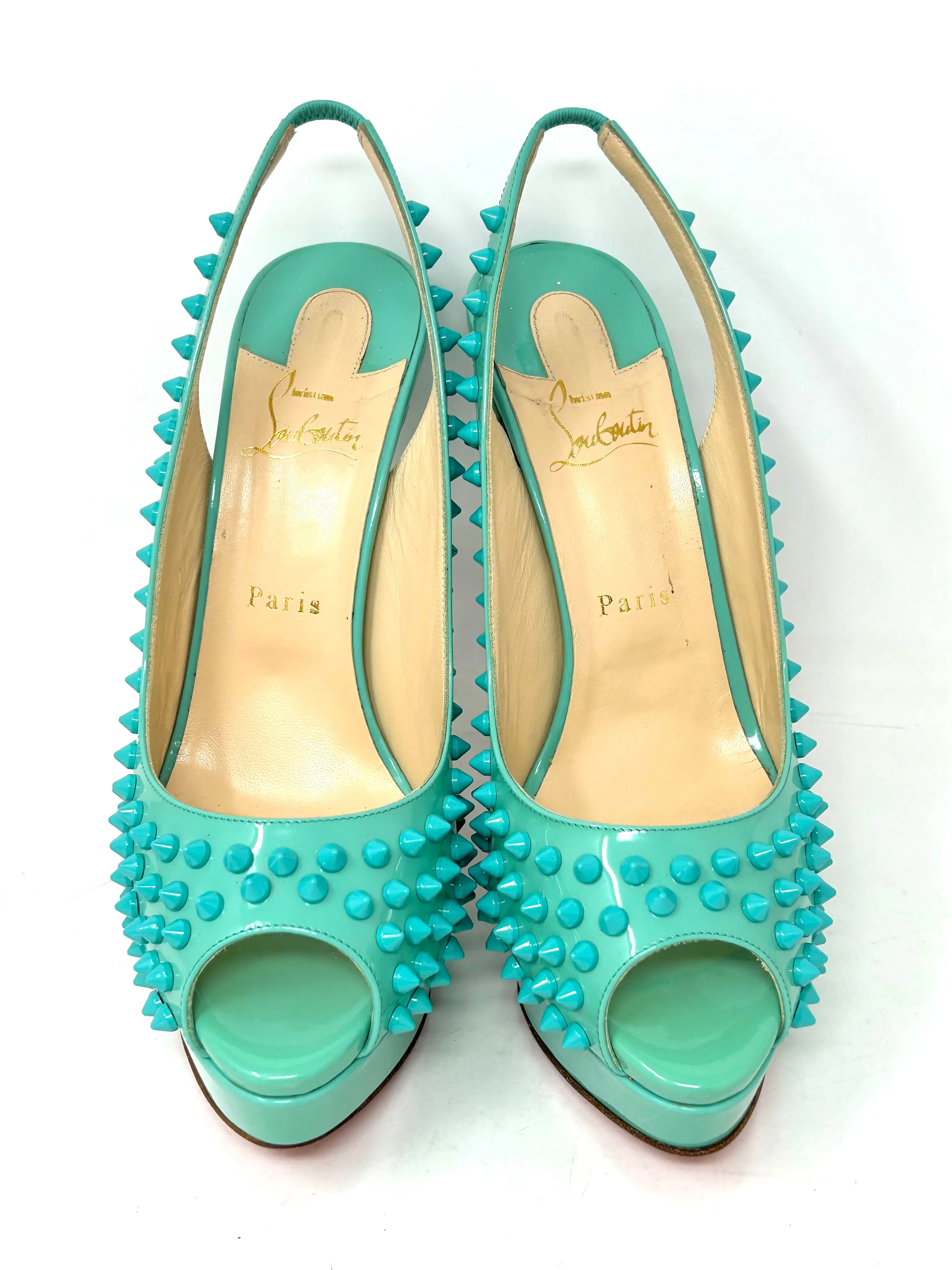 Christian Louboutin Lady Peep Sling Spikes 150 Aquamarine Patent Heels 40 UK 7