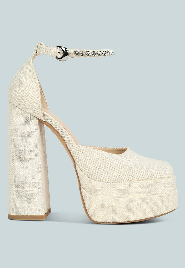 COSETTE Diamante Embellished Ankle Strap High Block Heel Sandals in Off White