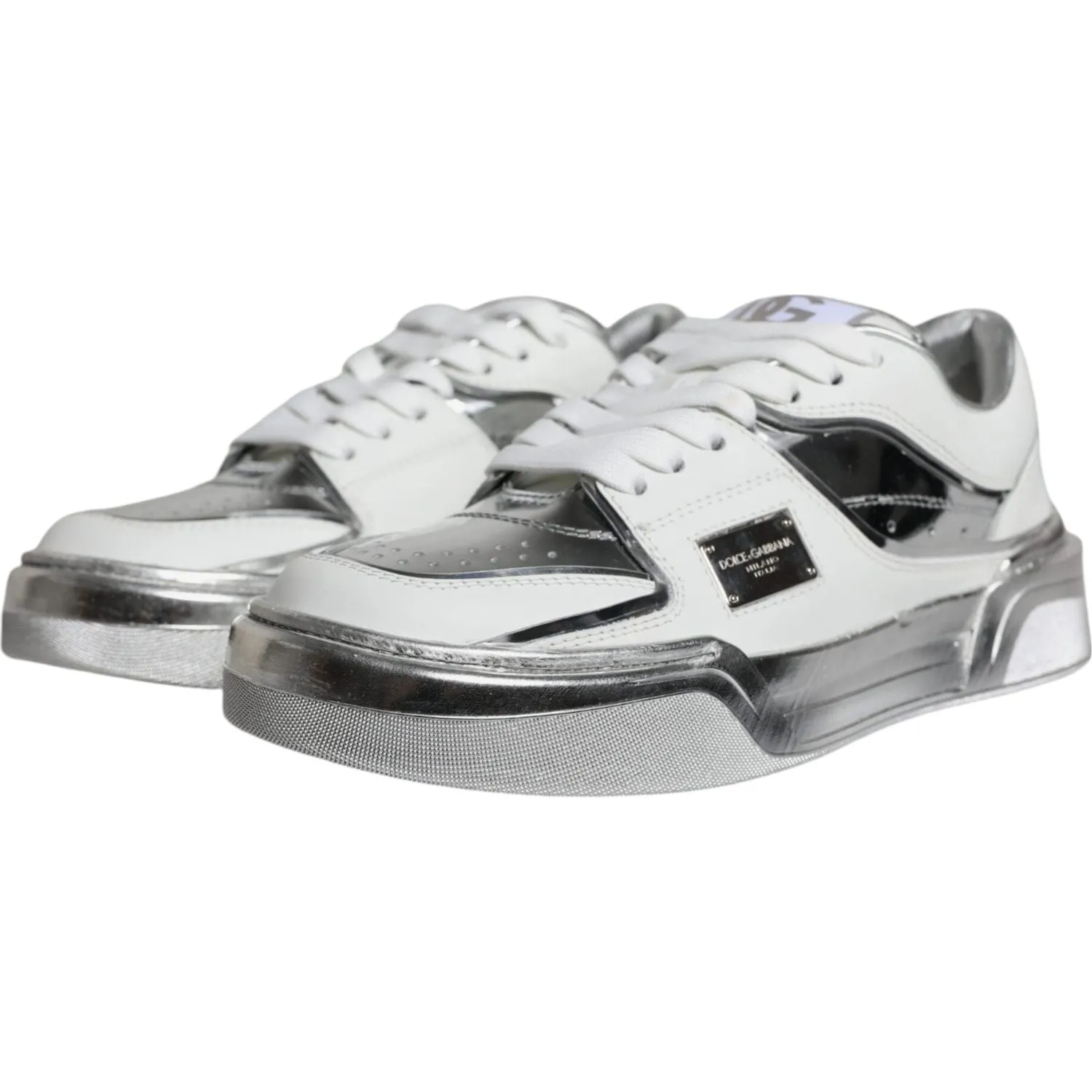 Dolce & Gabbana White Silver Leather Low Top Sneakers Shoes