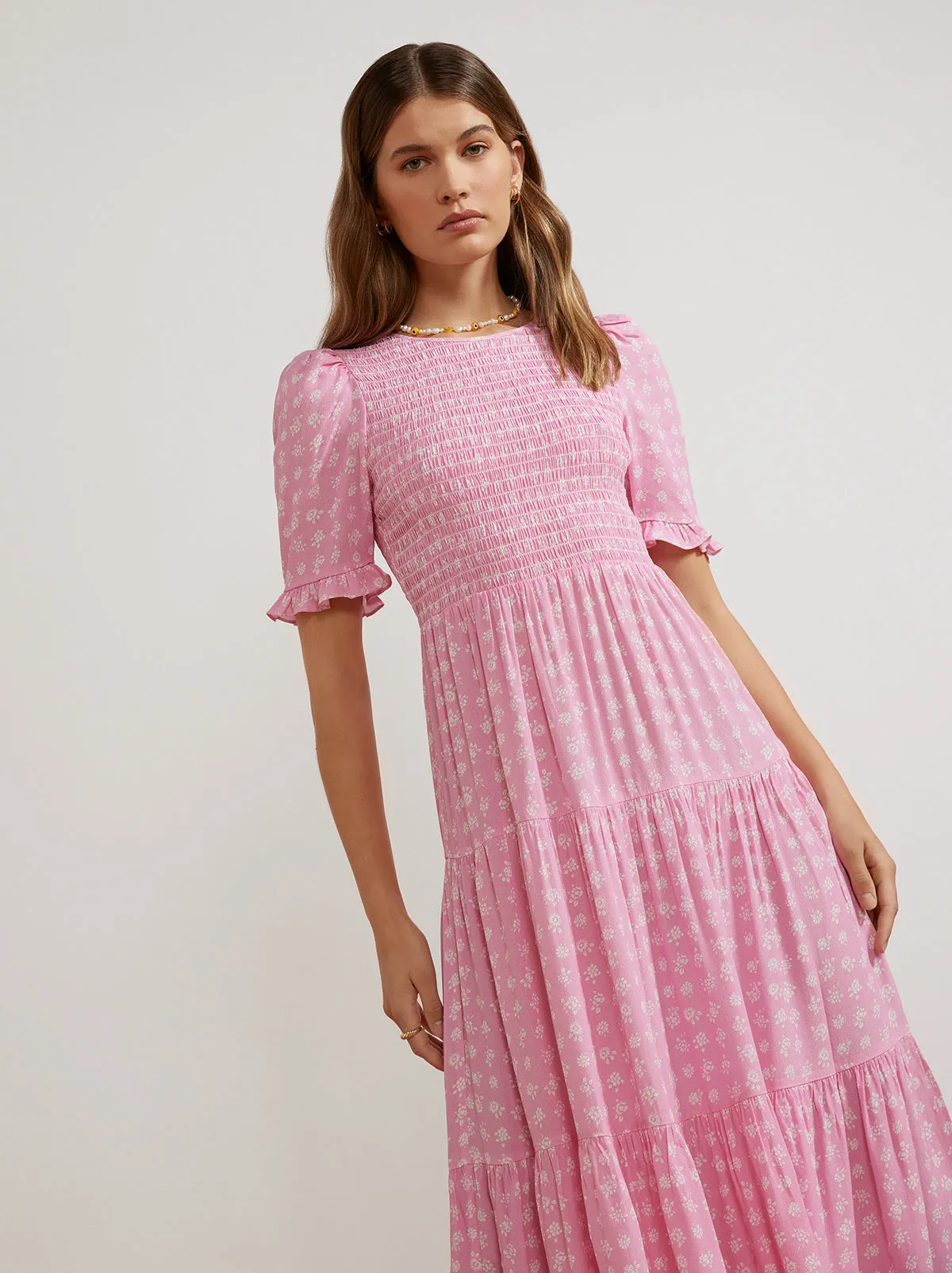 Gracie Pink Floral Shirred Dress