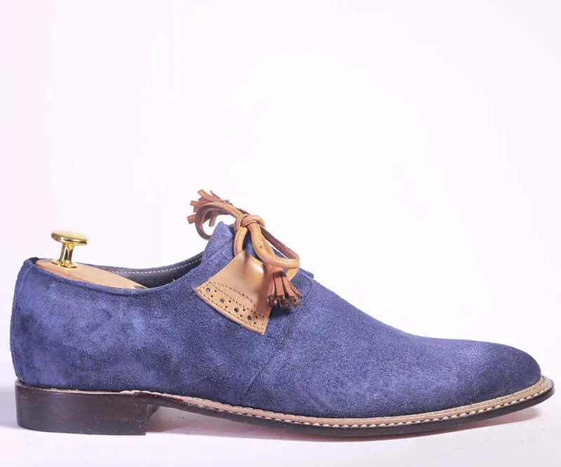 Handmade Men's Blue Derby Lace Up Shoes, Men's Suede Shoes