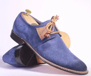 Handmade Men's Blue Derby Lace Up Shoes, Men's Suede Shoes