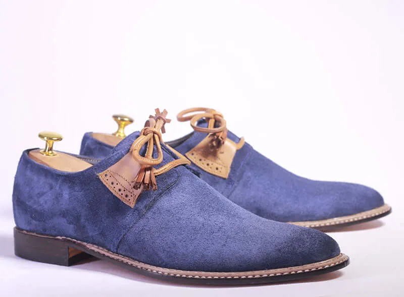 Handmade Men's Blue Derby Lace Up Shoes, Men's Suede Shoes