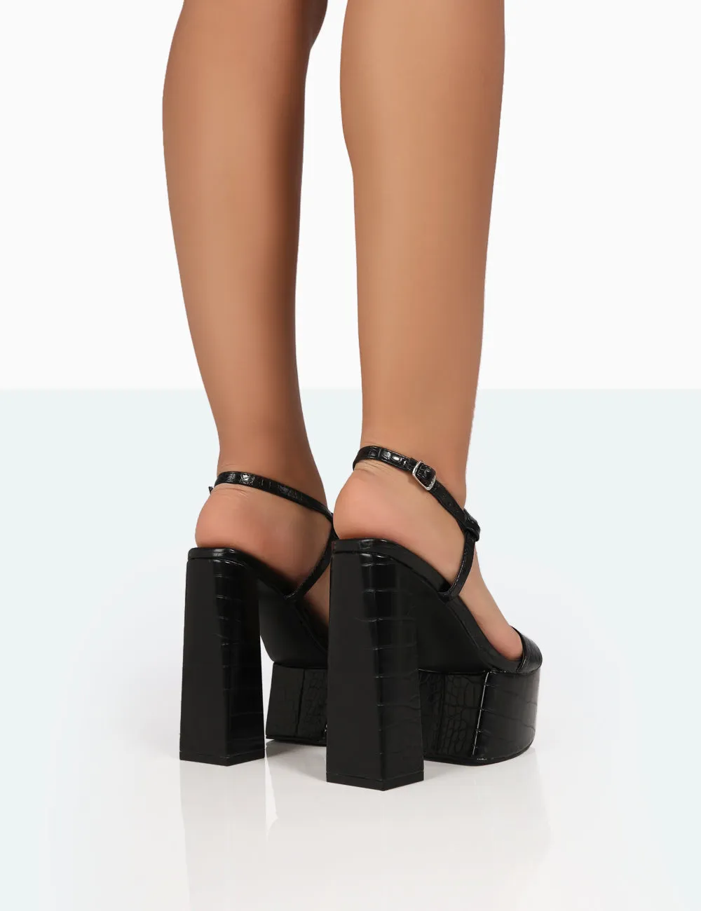 Jesse Black Croc Platform Block High Heels