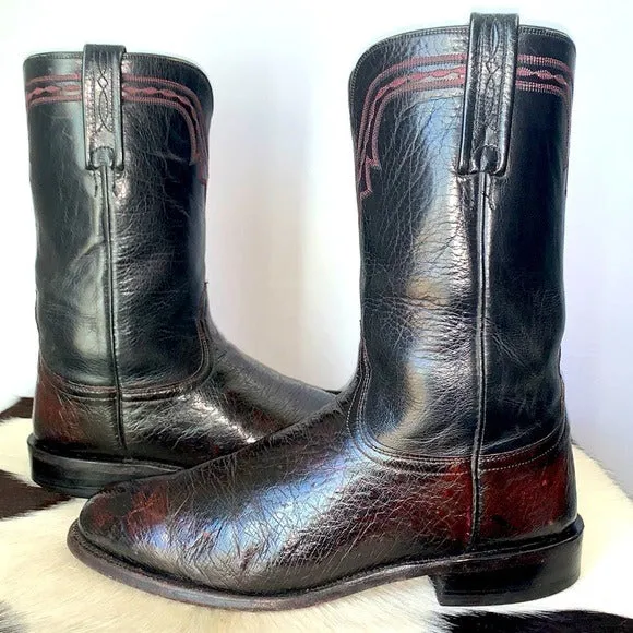 LUCCHESE Ostrich Exotic Leather Black Cherry Roper Cowboy Western Boots