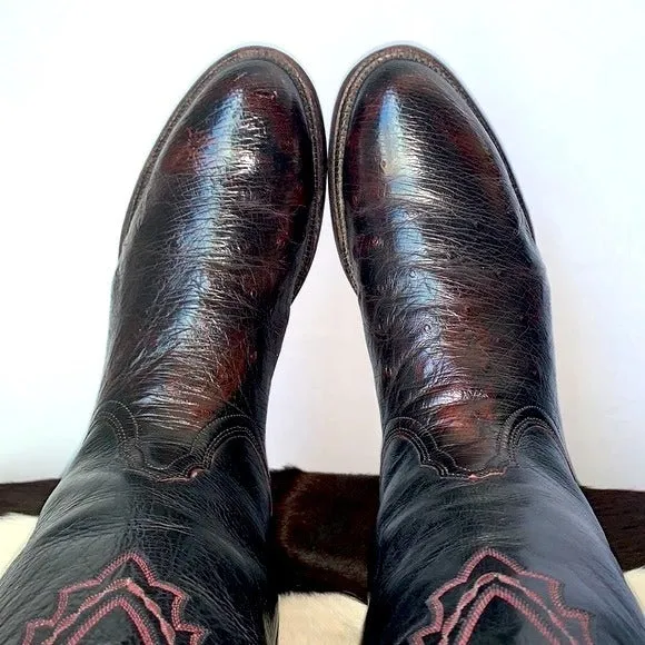 LUCCHESE Ostrich Exotic Leather Black Cherry Roper Cowboy Western Boots