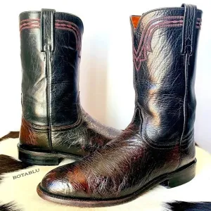 LUCCHESE Ostrich Exotic Leather Black Cherry Roper Cowboy Western Boots