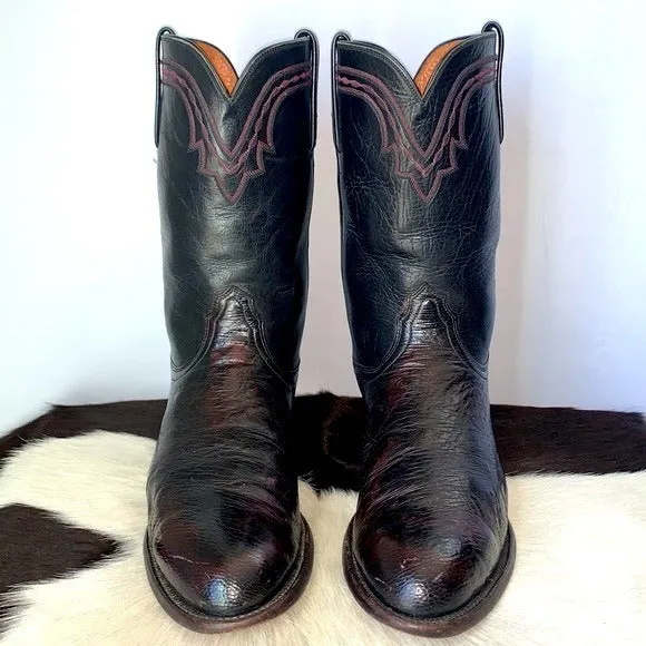 LUCCHESE Ostrich Exotic Leather Black Cherry Roper Cowboy Western Boots