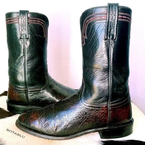 LUCCHESE Ostrich Exotic Leather Black Cherry Roper Cowboy Western Boots