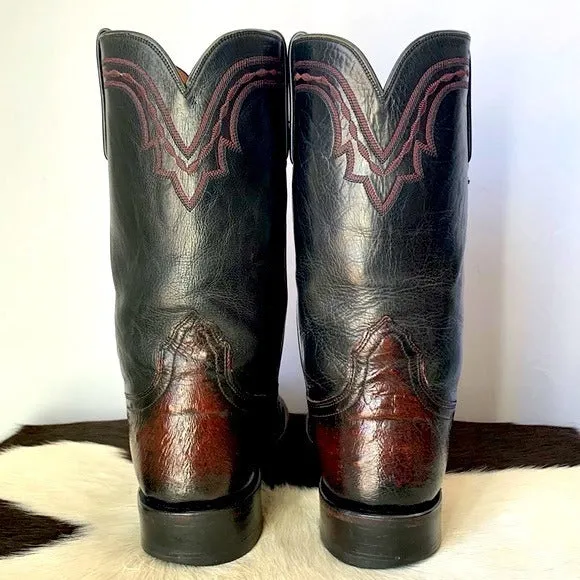 LUCCHESE Ostrich Exotic Leather Black Cherry Roper Cowboy Western Boots