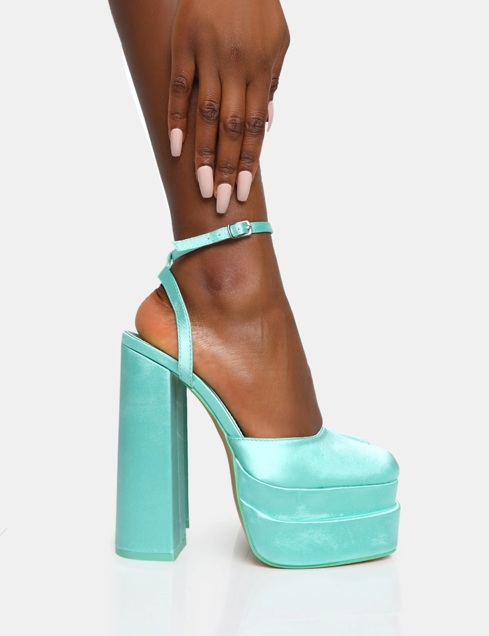 Moonchild Turquoise Satin Closed Toe Statement Platform Block Heels