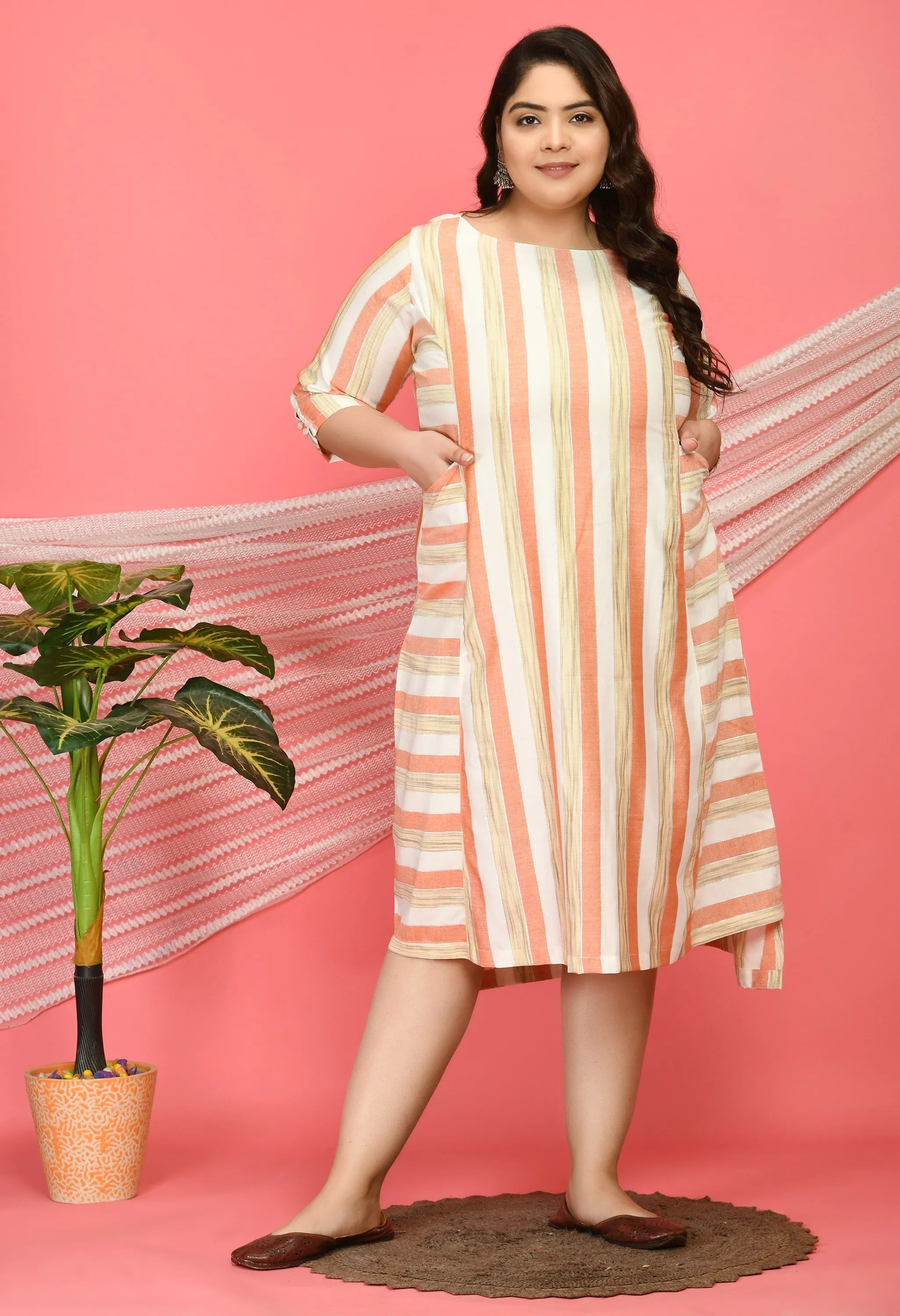 Plus Size Plus Size Striped Peach Midi Dress