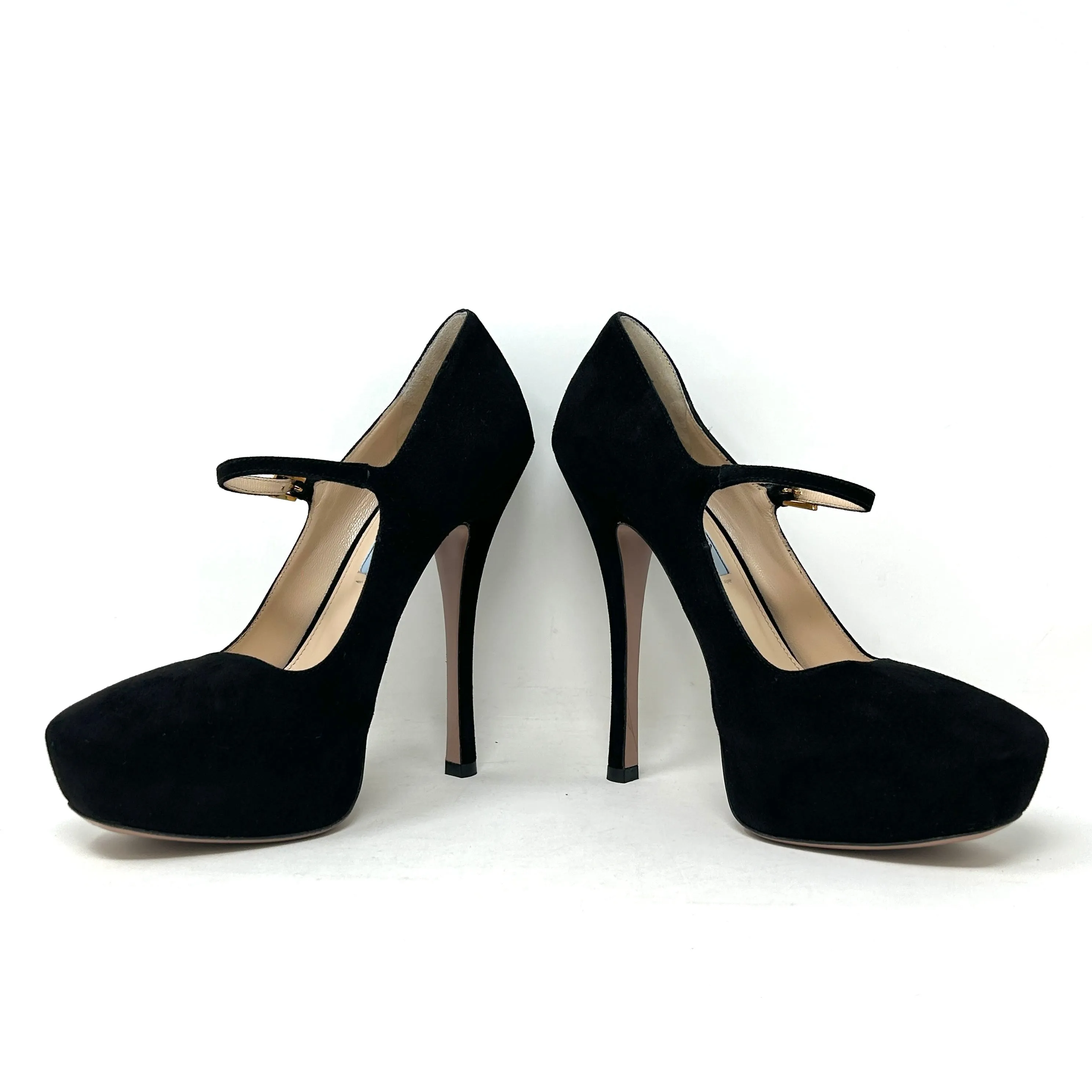 Prada Camoscio Basic Black Suede Mary Jane Platform Heels 38.5 UK 5.5