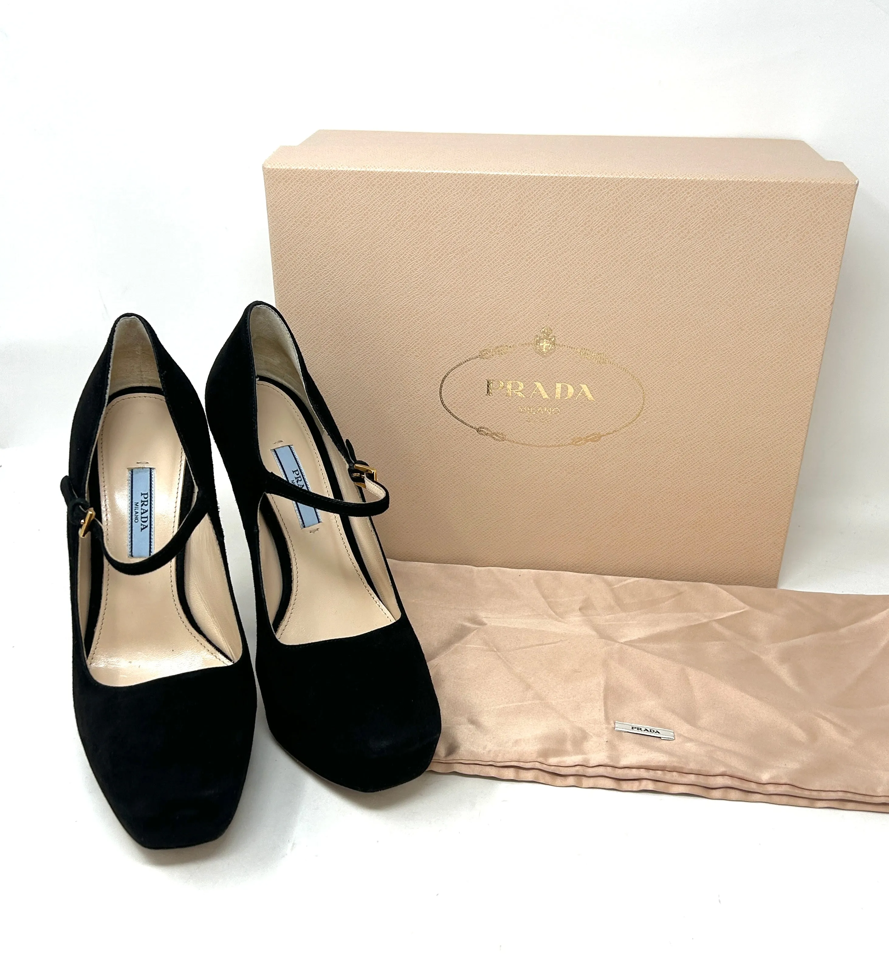 Prada Camoscio Basic Black Suede Mary Jane Platform Heels 38.5 UK 5.5