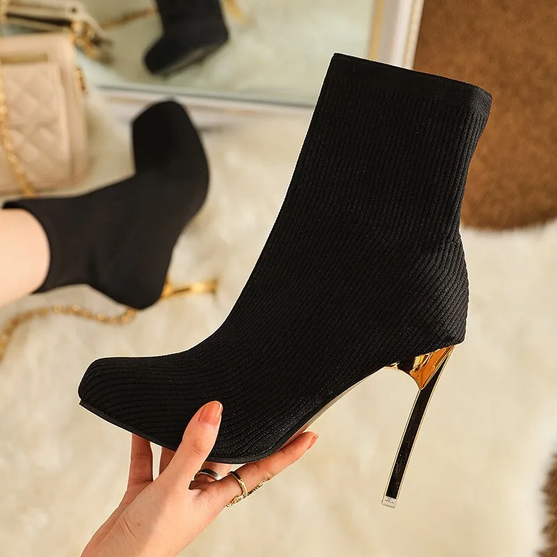 Sock Shoes Women Stretch Knitting Ankle Boots Autumn Winter   New Solid High Heels   Party Shoe Ladies Pumps Mid-calf Boot