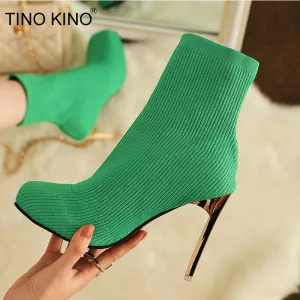 Sock Shoes Women Stretch Knitting Ankle Boots Autumn Winter   New Solid High Heels   Party Shoe Ladies Pumps Mid-calf Boot