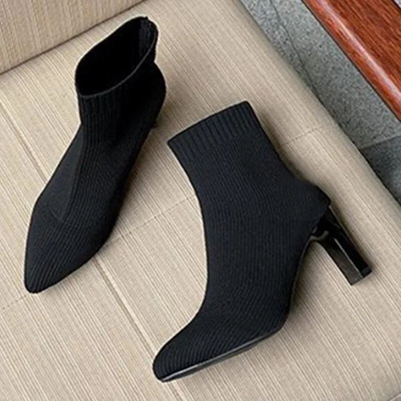 Sock Shoes Women Stretch Knitting Ankle Boots Autumn Winter   New Solid High Heels   Party Shoe Ladies Pumps Mid-calf Boot