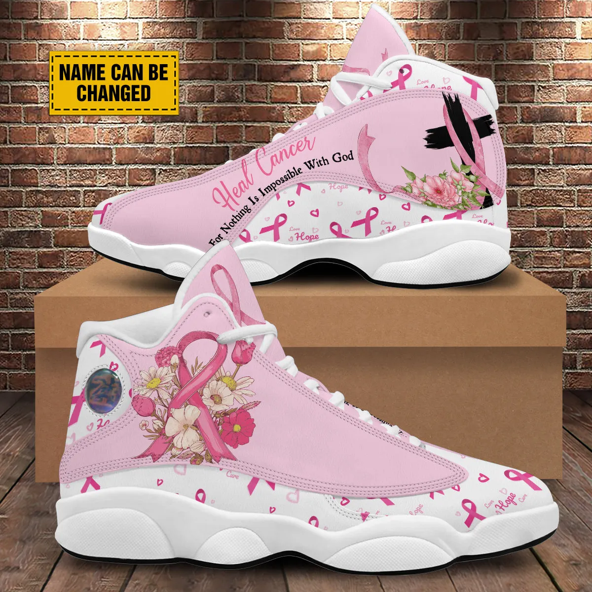 Teesdily | Custom Heal Cancer Nothing Is Impossible With God Running Shoes, Pink Ribbon Breast Cancer Awareness Basketball Shoes