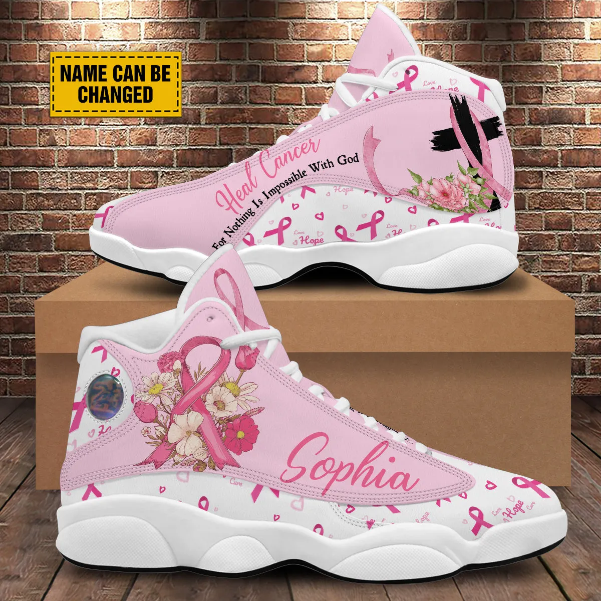 Teesdily | Custom Heal Cancer Nothing Is Impossible With God Running Shoes, Pink Ribbon Breast Cancer Awareness Basketball Shoes