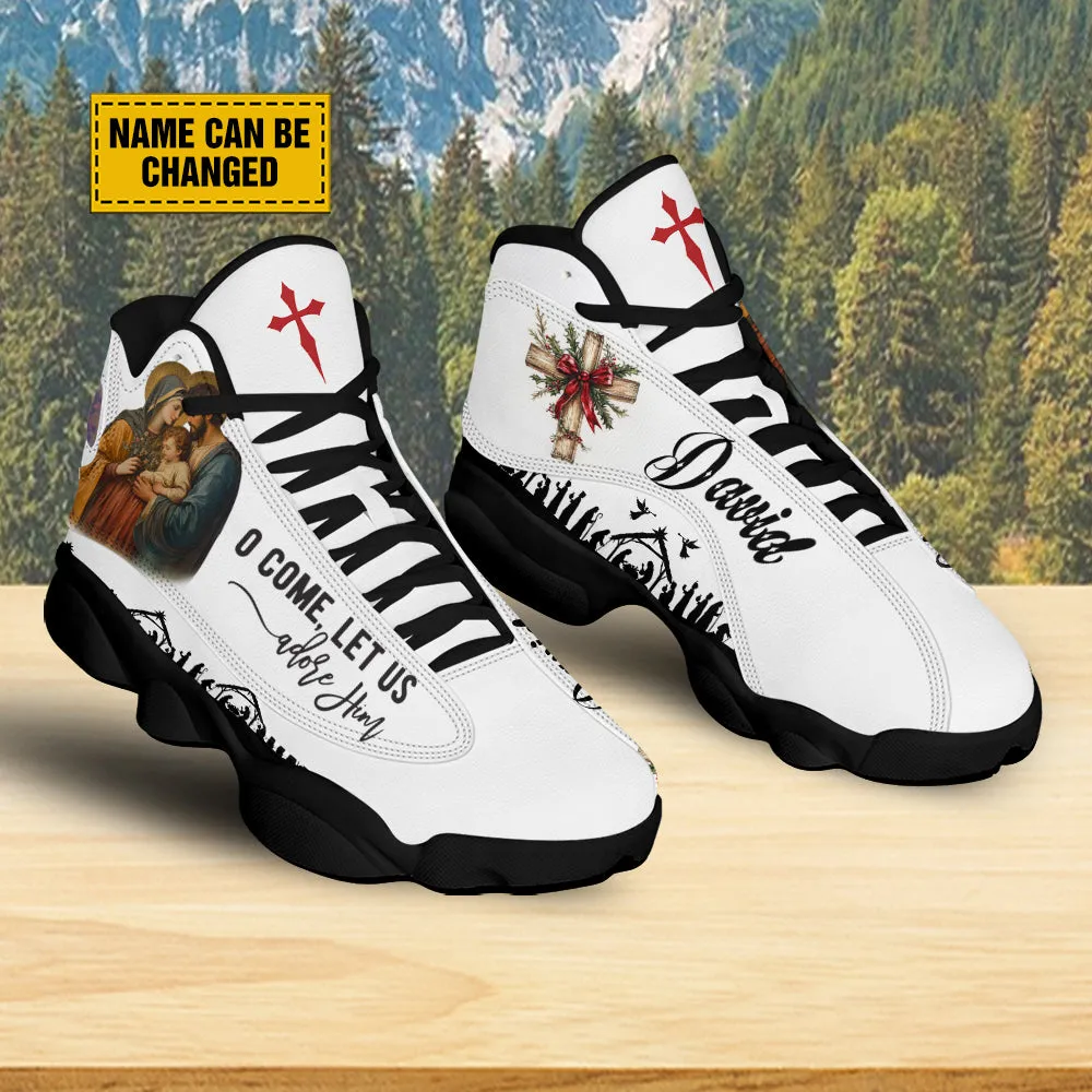 Teesdily | Customized Holy Family Prayer Basketball Shoes, O Come Let Us Adore Him Running Shoes, Christmas Religious Gift Family