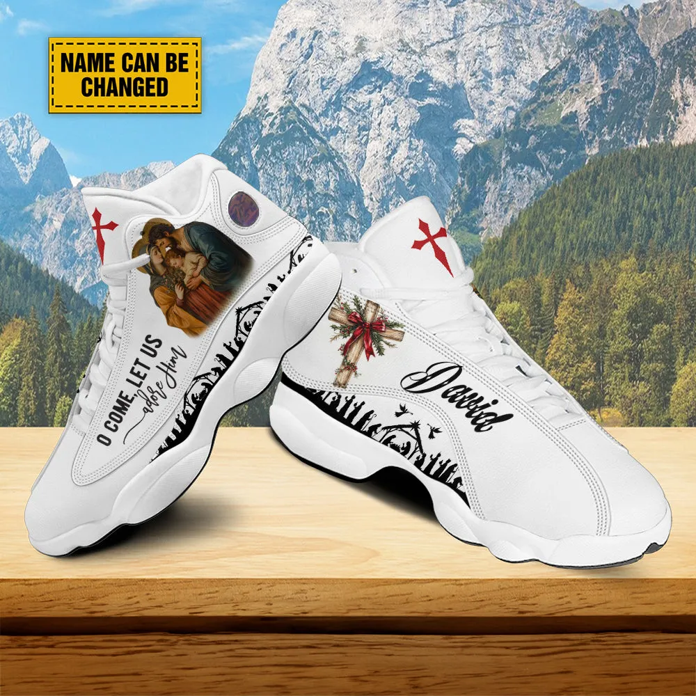 Teesdily | Customized Holy Family Prayer Basketball Shoes, O Come Let Us Adore Him Running Shoes, Christmas Religious Gift Family