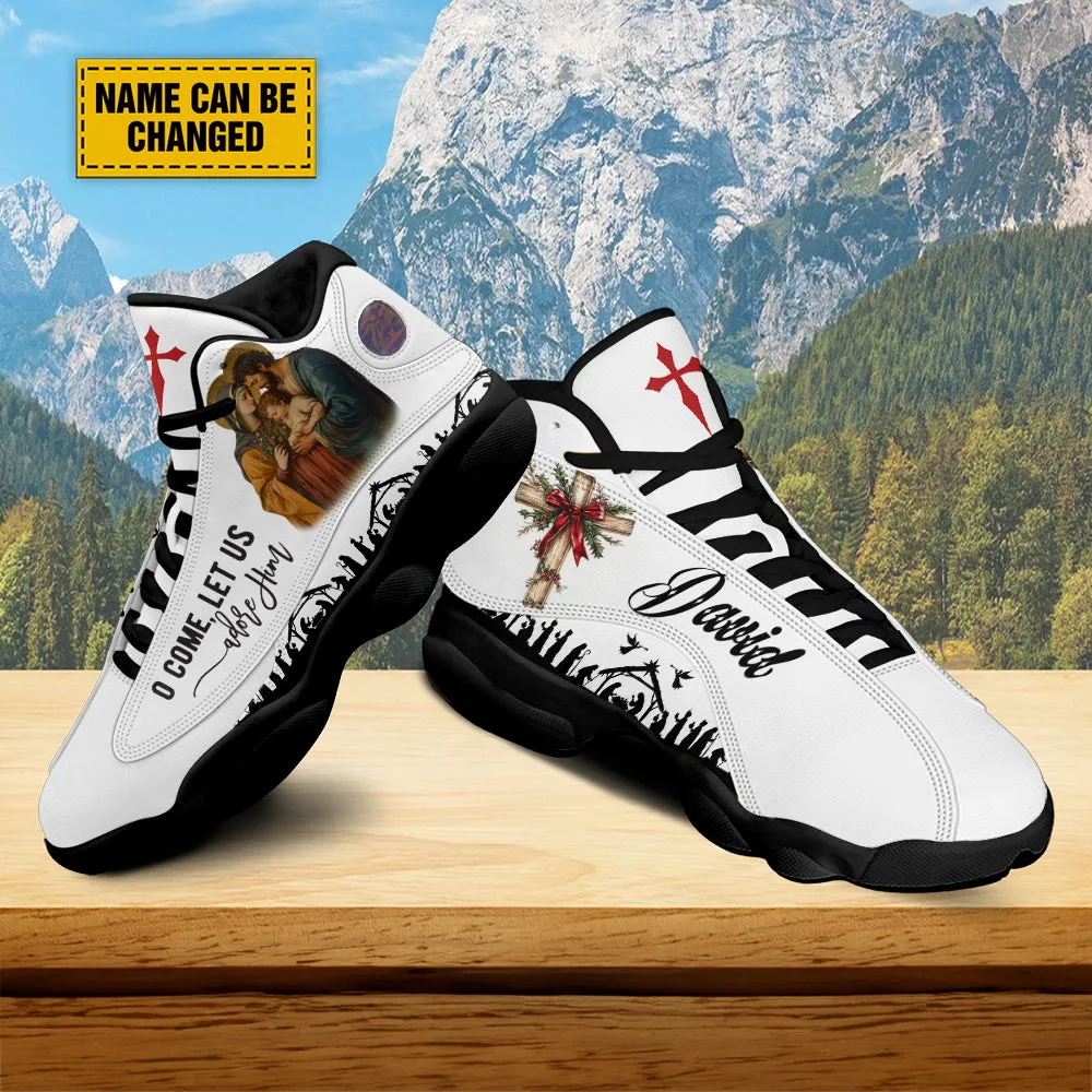 Teesdily | Customized Holy Family Prayer Basketball Shoes, O Come Let Us Adore Him Running Shoes, Christmas Religious Gift Family