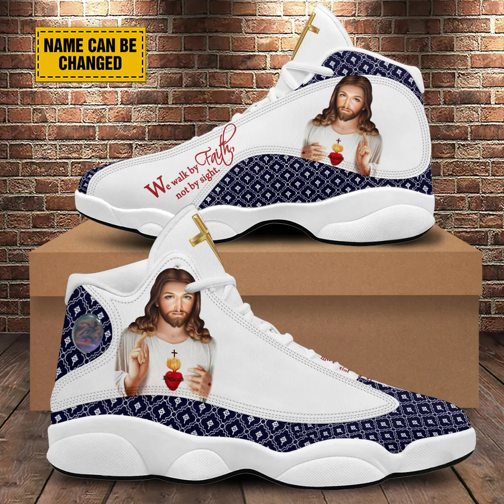 Teesdily | Customized Jesus Art Basketball Shoes, We Walk By Faith Not By Sight Running Shoes, Unisex Shoes With Thick Sole