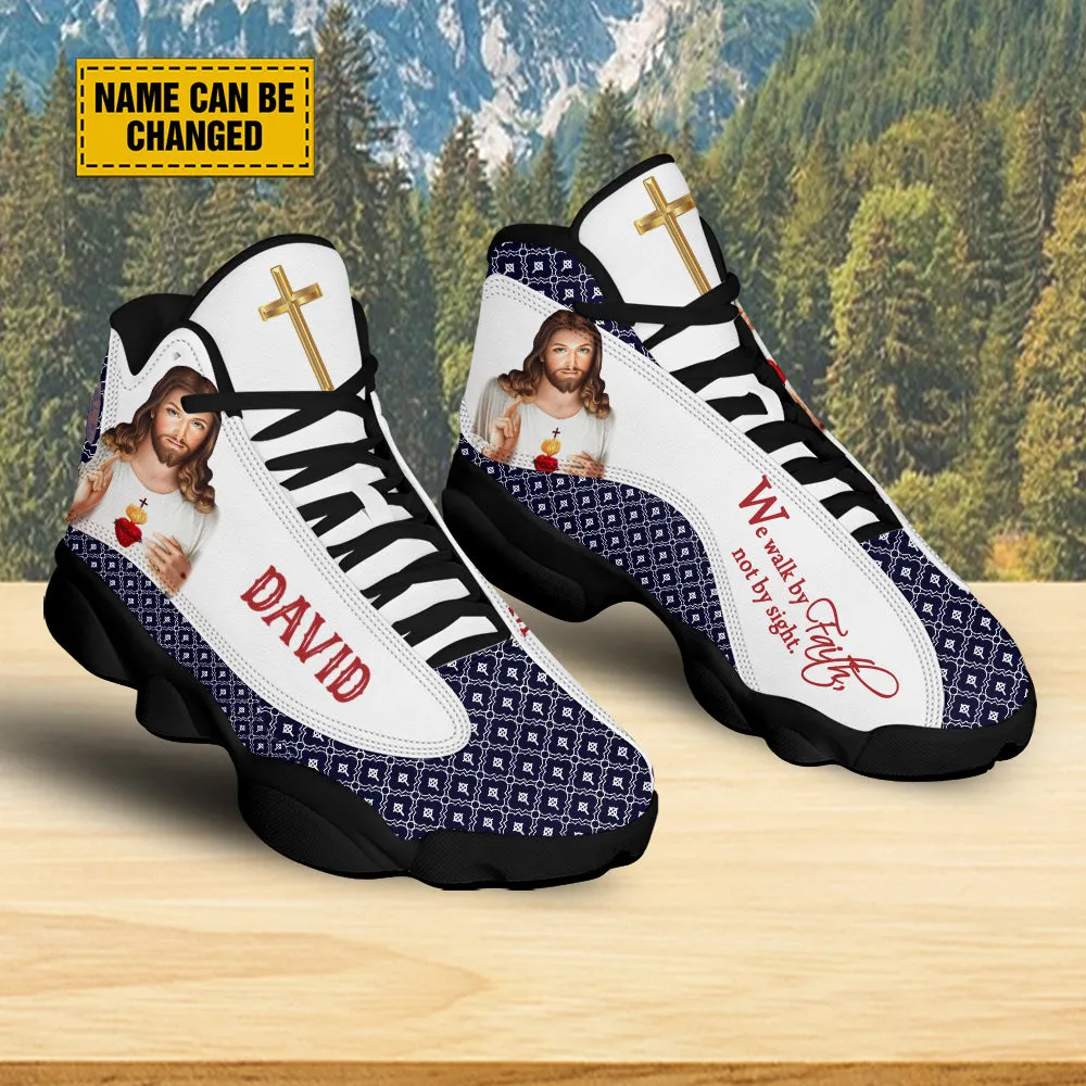 Teesdily | Customized Jesus Art Basketball Shoes, We Walk By Faith Not By Sight Running Shoes, Unisex Shoes With Thick Sole