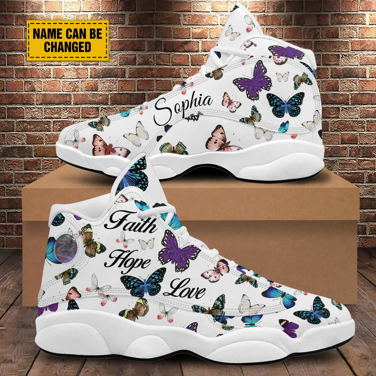 Teesdily | Customized Jesus Butterfly Basketball Shoes, Faith Hope Love Christian Shoes With Thick Soles, Christian Religious Gift