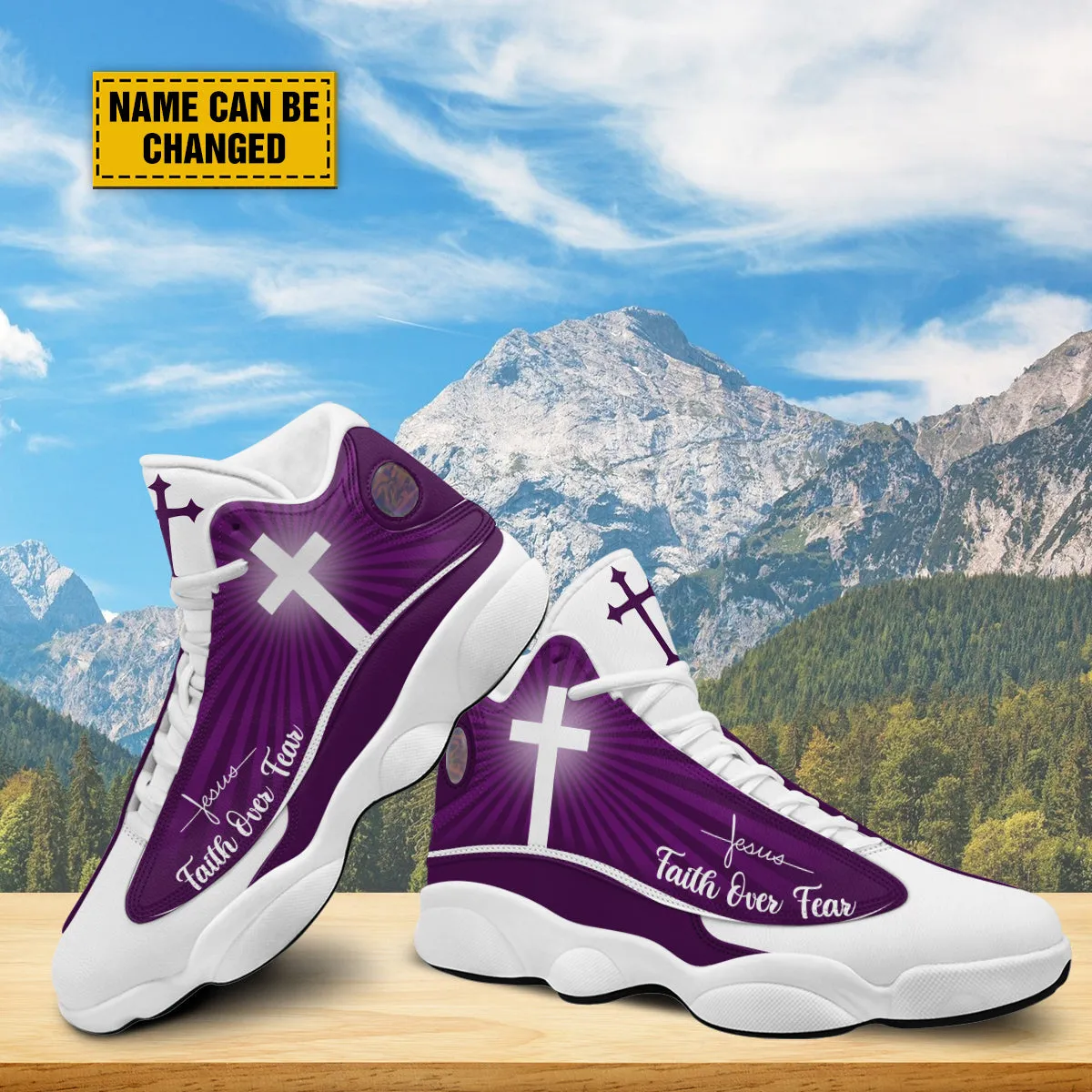 Teesdily | Jesus Faith Over Fear Basketball Shoes, Jesus Basketball Shoes Purple Design, Gift For Jesus Lovers, Christian Unisex Basketball Shoes